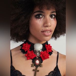 Nasty Gal gothic, Halloween choker necklace. Skull, roses, cross detail. NWT